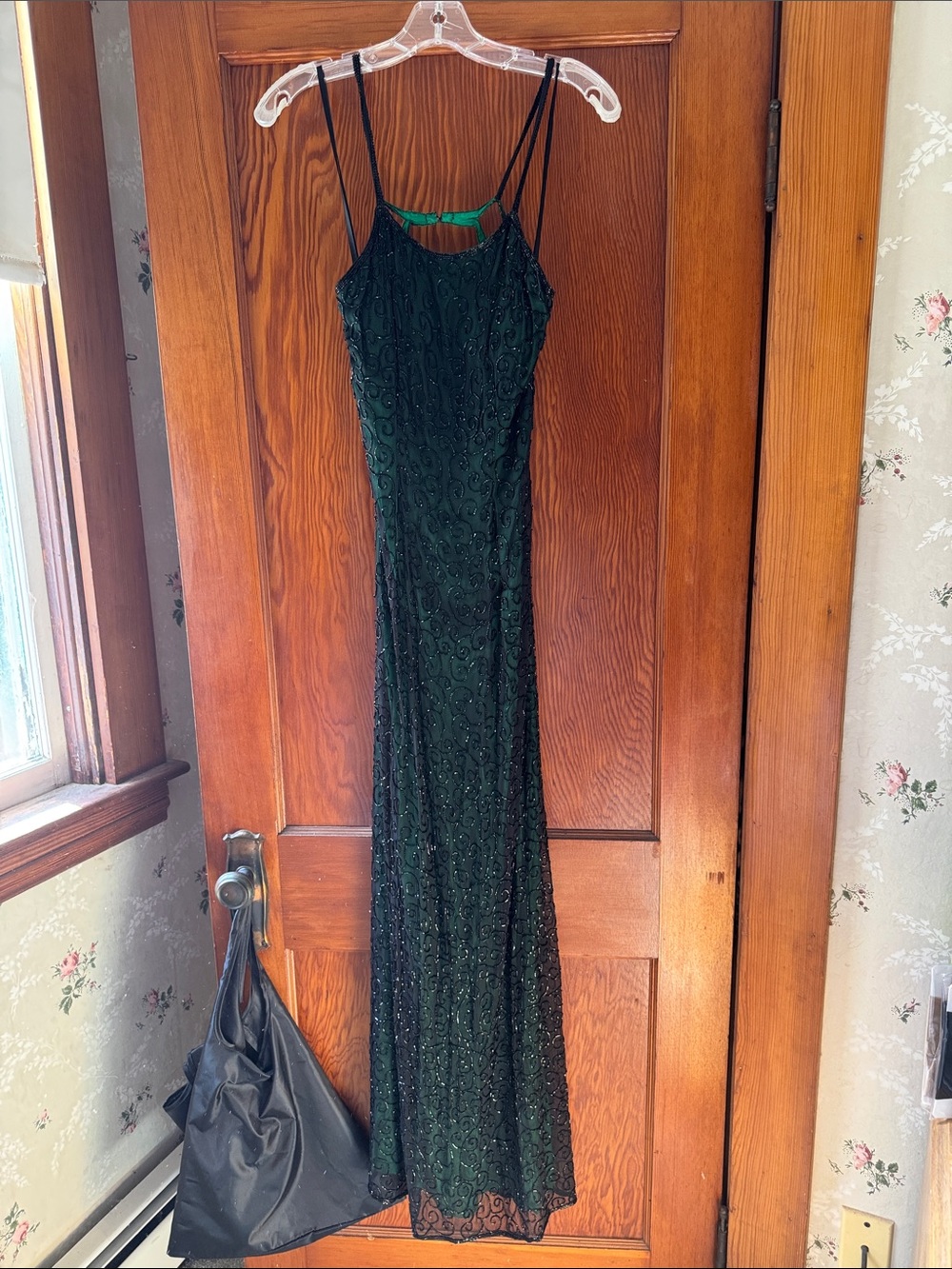 Dark Green Beaded Spaghetti-Strap Maxi Dress
